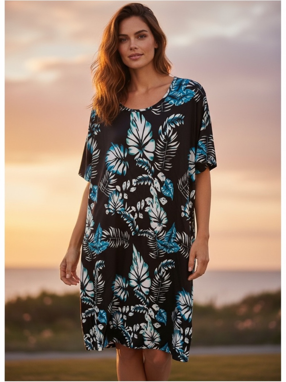 Black Tropical Swim Cover-Up Dress with Blue Leaf Print